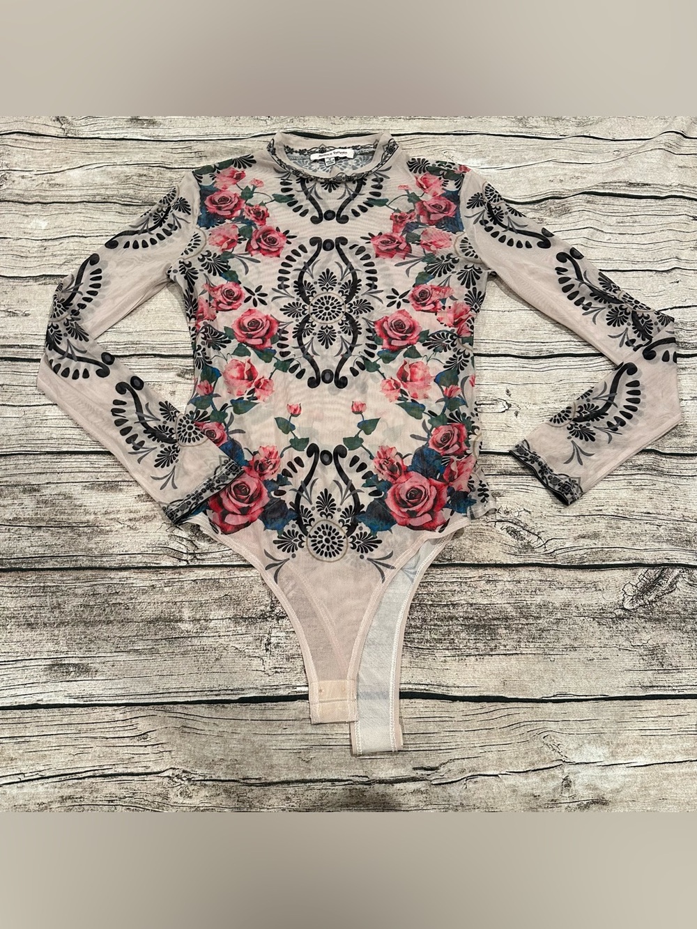 Tattoo/Floral Mesh Long-Sleeve One-Piece Bodysuit Pink Roses w/ Black Accents M